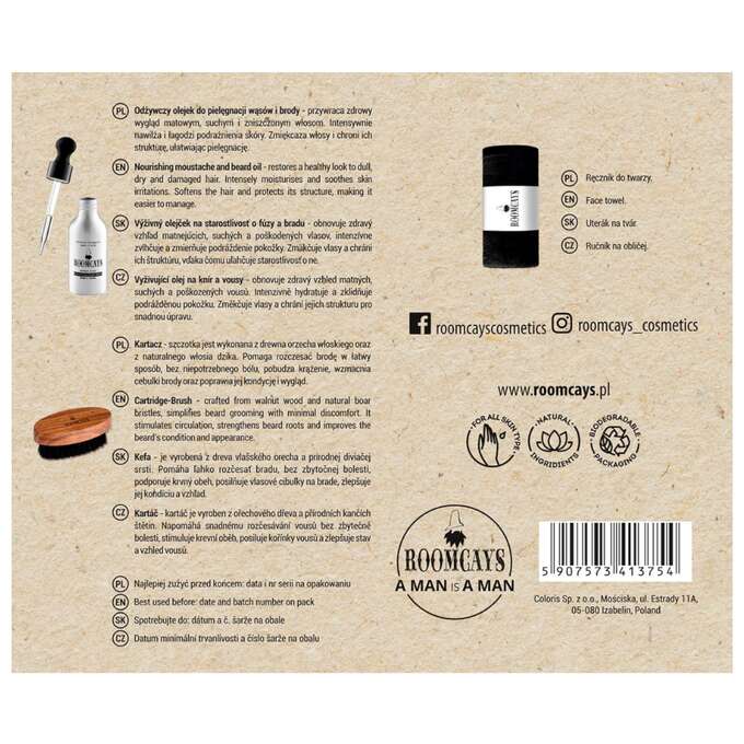 ROOMCAYS Zestaw do brody - Olejek do brody + Kartacz + Ręcznik do twarzy